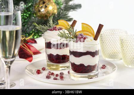 Weihnachts-Cranberry-Dessert-Tiramisu mit Mascarpone und Schlagsahne, Schokoladen-Kekskrümel und Cranberry-Marmelade, garniert mit Orangenscheiben, Dose Stockfoto