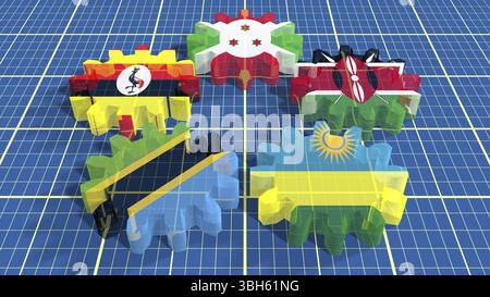 Ostafrikanische Gemeinschaft, EAC-Vereinigung von fünf nationalen Wirtschaftsbeteiligten Flaggen auf Fanggeräten Stockfoto