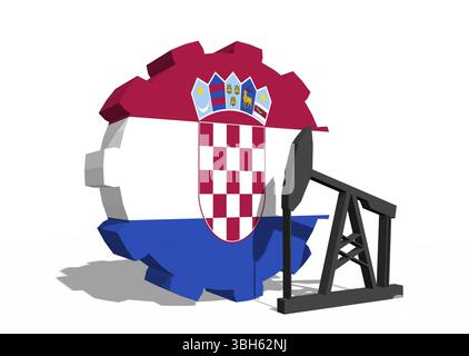 Zahnrad mit Ölpumpe mit kroatischer Flagge. Konzept der Schwerindustrie und Bergbauindustrie. 3D-Rendering Stockfoto