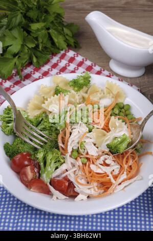 Brokkoli, Erbsen, Karotten, Nudeln, Cherry-Tomaten-Salat, sauce Scheiben Huhn in Milch Stockfoto