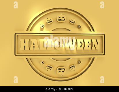 Geschnitzter Stempel mit Halloween-Text und Kürbissymbolen. 3D-Rendering. Metallisches Material. Goldenes Siegel Stockfoto
