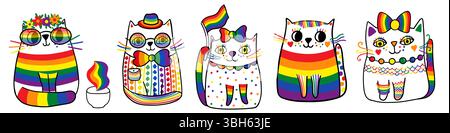 Niedliche Hand gezeichnete Vektorkatze Set in Regenbogen LGBT Stolz Flagge Farben, Zeichentrick Kätzchen Tier Illustration Stock Vektor