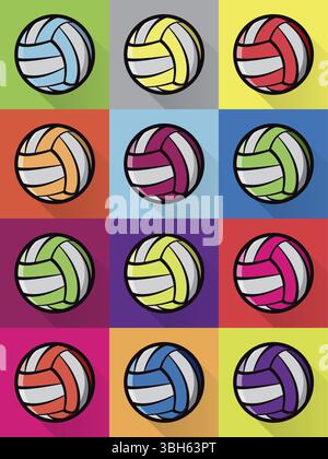 Farbenfrohe Volleyballsymbole in verschiedenen hellen Hintergrundfarben. Vector EPS 10 verfügbar Stockfoto