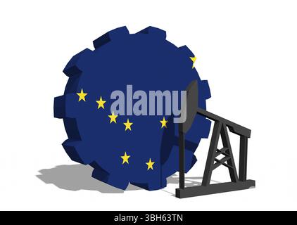 Zahnrad mit Ölpumpe, texturiert mit Alaska-Flagge. Konzept der Schwerindustrie und Bergbauindustrie. 3D-Rendering Stockfoto