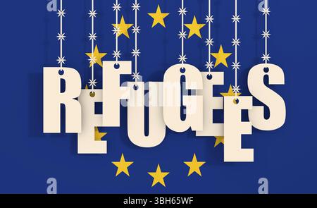 Bild in Bezug auf die Migration von afrika in die europäische union. Flüchtlings-Text hängt am Stacheldraht. Hintergrund der EU-Flagge Stockfoto