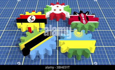 Ostafrikanische Gemeinschaft, EAC-Vereinigung von fünf nationalen Wirtschaftsbeteiligten Flaggen auf Fanggeräten. Hintergrund der Blaupause-Oberfläche Stockfoto