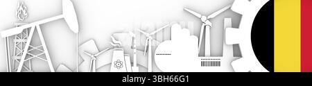 Energie und Leistung Symbole gesetzt. Header Banner mit Belgien Flagge. Nachhaltige Energieerzeugung und Schwerindustrie. 3D-Rendering Stockfoto