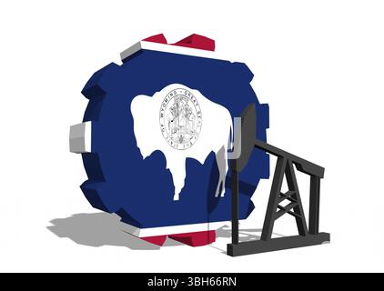 Zahnrad mit Ölpumpe mit Wyoming-Flagge. Konzept der Schwerindustrie und Bergbauindustrie. 3D-Rendering Stockfoto