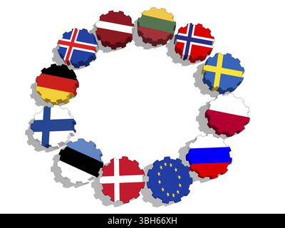 Rat der Ostseestaaten - Verband von fünf nationalen Volkswirtschaften Mitgliedsflaggen auf Gear.3D-Rendering Stockfoto