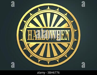 Geschnitzter Stempel mit Halloween-Text und Kürbissymbolen. 3D-Rendering. Metallisches Material. Goldenes Siegel Stockfoto