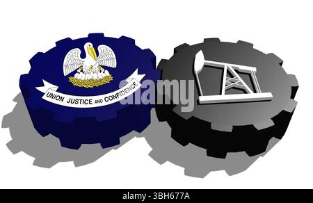 Zahnrad mit Ölpumpe, texturiert von der Flagge von Louisiana. Konzept der Schwerindustrie und Bergbauindustrie. 3D-Rendering Stockfoto