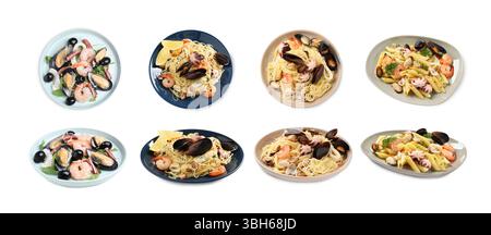 Leckere Gerichte mit Meeresfrüchten isoliert auf weiß, Collage. Draufsicht und Seitenansicht Stockfoto