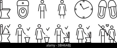 Schwarze Linie Symbol Set für öffentliche Toiletten, WC Vektor Umrissschilder. Sammlung von monochromen Piktogrammen für Frauen und Männer Toiletten, 12 editierbare Strichs Stock Vektor