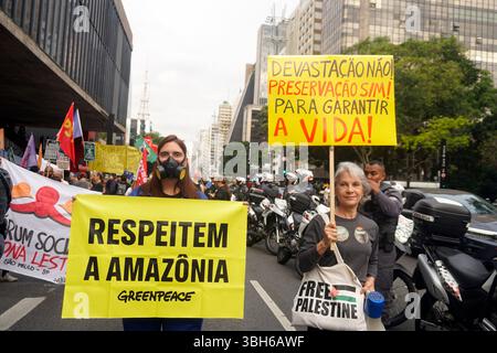 Sao Paulo, Brasilien. Juni 2025. Der Klimamarsch findet an diesem Samstag (7) auf der Paulista Avenue in der Süd-zentralen Region von São Paulo statt, mit dem Motto "für das Leben auf Erden und in den Randgebieten" und im Gegensatz zum Gesetz über die Zerstörung. Credit: Cris Faga/Alamy Live News Credit: Cris Faga/Alamy Live News Stockfoto