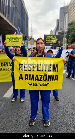 Der Klimamarsch findet an diesem Samstag (7) auf der Paulista Avenue in der Süd-zentralen Region von São Paulo statt, mit dem Motto "für das Leben auf Erden und in den Randgebieten" und im Gegensatz zum Gesetz über die Zerstörung. (Foto Faga/Sipa Usa). Quelle: SIPA USA/Alamy Live News Stockfoto