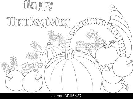 Schwarz-weiße Umrissdarstellung eines Erntegutantrags mit einem großen Kürbis, zwei kleineren Kürbissen, Äpfeln, Grün, einem gewebten Stock Vektor