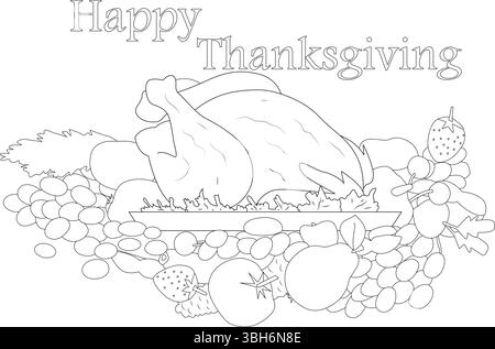 Schwarz-weiße Umrissdarstellung eines traditionellen Thanksgiving-Dinners mit einem gerösteten truthahn umgeben von Obst und Gemüse, mit „Happy Stock Vektor