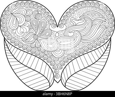 Komplizierte Strichgrafik-Illustration einer Herzform mit detaillierten, von zentangle inspirierten Mustern, darunter kleinere Herzen, Wirbel und Blumenelemen Stock Vektor