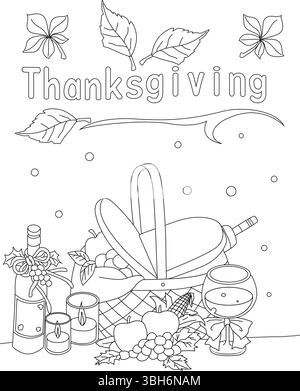 Schwarz-weiße Umrissillustration für die Färbung mit einer Thanksgiving-Szene mit einem Erntekorb gefüllt mit Obst und Gemüse, Kerzen, a b Stock Vektor