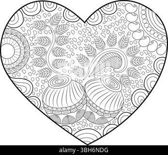 Detaillierte schwarze und weiße Strichgrafik-Illustration einer Herzform mit komplizierten, dekorativen Mustern, einschließlich Blumenmotiven, Paisleys und Geom Stock Vektor
