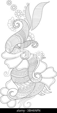 Detaillierte Schwarzweiß-Strichgrafik mit komplizierten Blumen- und Paisley-Mustern, inspiriert von traditionellen Henna-Mustern. Ideal zum Ausmalen von Büchern, DE Stock Vektor