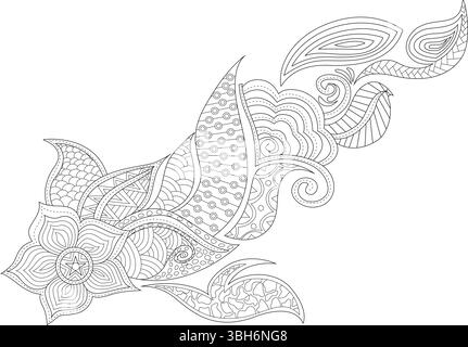 Eine komplizierte schwarz-weiße Strichgrafik-Illustration mit einem fließenden Henna-inspirierten Muster mit Blumen-, Paisley- und verschiedenen dekorativen Elementen. P Stock Vektor