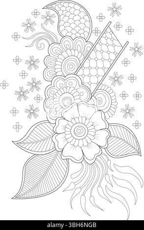 Detaillierte schwarz-weiße Strichgrafik-Illustration mit einem traditionellen indischen Henna- oder Mehndi-Design mit Blumen-, Paisley- und Zierelé Stock Vektor