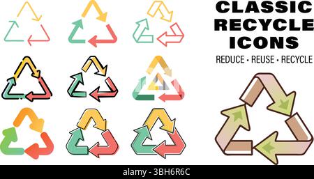 Classic Recycle Icons Vector Set - Öko Recycle Symbol für Umweltbewusstsein Stock Vektor