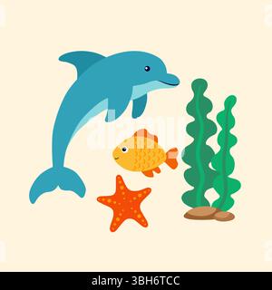Meereslebewesen. Flache Sommer Meerestiere Illustration Stock Vektor