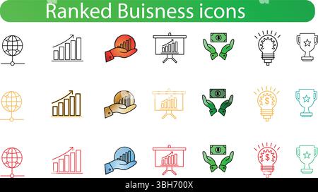 Ranged Business Icons Set – Symbole für Erfolg, Wachstum und Leistung in modernen flachen und 3D-Formaten Stock Vektor