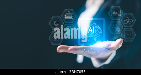 Konzept des Ökosystems künstlicher Intelligenz, das digitale, hirnvernetzte Symbole zeigt, die Cloud-Computing-Datenverarbeitung, maschinelles Lernen und Automatisierung symbolisieren Stockfoto