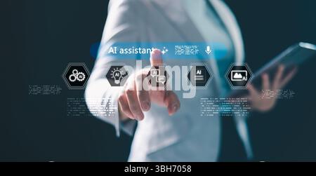 KI-betriebene Assistenz. Benutzer interagieren mit der Benutzeroberfläche des virtuellen KI-Assistenten auf Mobilgeräten, Laptops, Tablets für Sprach-, Text-, Bild-, Video- und Stockfoto
