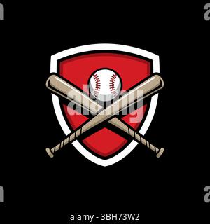 Baseballabzeichen mit gekreuzten Baseballschlägern und Ball. Baseball-Logo-Vorlage auf schwarzem Hintergrund Stock Vektor