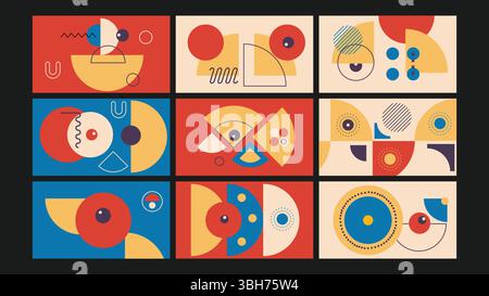Bunte Moderne Geometrische Kunst Dunkler Hintergrund Set Stock Vektor