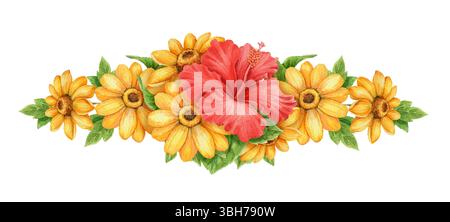 Rote Hibiskusblüten- und Sonnenblumenstrauß. Handgezeichnetes Aquarell mit Blumen und Blättern. Grafisches Element für Urlaubsstimmung. Perfekt für Stockfoto