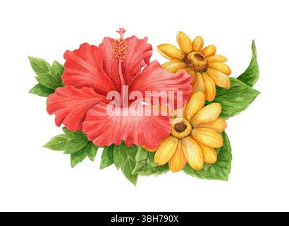 Rote Hibiskusblüten und Sonnenblumenstrauß. Handgezeichnete Aquarellkunst mit Blumen und Blättern. Grafisches Element für Urlaubsstimmung. Perfekt für Stockfoto