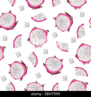 Nahtloses Muster mit einem Stück Drachenfrucht. Runde gehackte Scheiben. Aquarell handgezeichnete Illustration für Ihre Tapete, Textur, Verpackungsprodukte Stockfoto