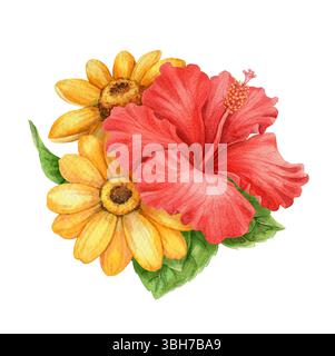 Rote Hibiskusblüten und Sonnenblumen, kleines Blumenstrauß im Sommer. Handgezeichnete Aquarellkunst mit Blumen und Blättern. Grafisches Element für Urlaubsstimmung Stockfoto