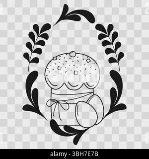 Handgezeichneter, dekorierter Osterkuchen und Eier im Kopierraum mit ovalem Blumenrahmen für Ostertinte. Isolierte Vektor-Illustration, die Osterkarten, Faltblätter oder Werbebanner, Etikett, Preisschild erstellt Stock Vektor