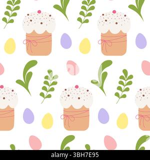 Gemalte Ostereier besprenkter Osterkuchen und grüne Zweige nahtloses Muster Osterfeier. Isolierte Vektor-Illustration Gruß Thematische Karten Hintergrund festliches Wrapping oder Hintergrundbild Idee Stock Vektor