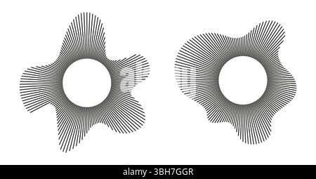 Radial gewellter Rahmensatz. Kreisförmige Wellen. Tonlinien-Muster. Kreisförmige, dünne Ringe. Radialstrahlen. Designelemente. Equalizer-Logo-Symbole, radial Stock Vektor
