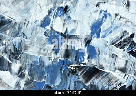 Abstrakte, strukturierte Malerei in Blau-, Schwarz- und Weißtönen. Künstlerischer Hintergrund mit ausdrucksstarken Pinselstrichen und modernem Acryldesign. Stockfoto