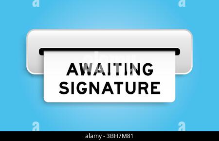 Weißes Coupon-Banner mit Wort, das auf Unterschrift vom Automaten wartet, auf blauem Hintergrund Stock Vektor