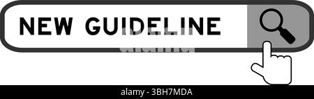 Suchbanner in Wort neue Richtlinie mit Symbol für die Hand über der Lupe auf weißem Hintergrund Stock Vektor