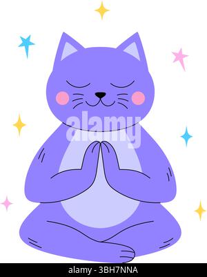 Lila Katze sitzt in meditativer Pose mit geschlossenen Augen und umgeben von bunten Sternen Stock Vektor