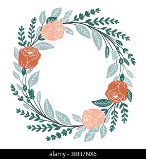 Wunderschöner Vektor-Blumenkranz mit Rosen, Blättern Stock Vektor