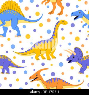 Nahtloses Muster mit Dinosauriern und bunten Punkten Stock Vektor
