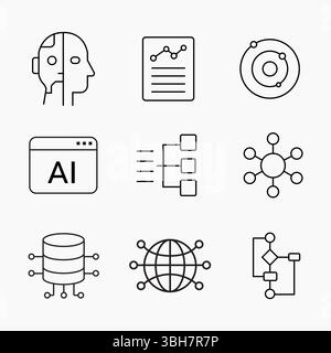 Minimalistische Umrisssymbole für künstliche Intelligenz, neuronale Datennetze und digitale Systeme, perfekt für Technologie- und Innovationsprojekte, Vektorillust Stock Vektor
