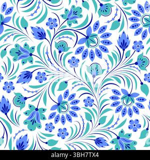 Nahtloses Muster aus stilisierten blauen und grünen Blüten und Blättern Stock Vektor