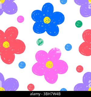 Ein verspieltes und lebendiges Muster mit handgezeichneten bunten Blumen und bunten Polka Dots Stock Vektor